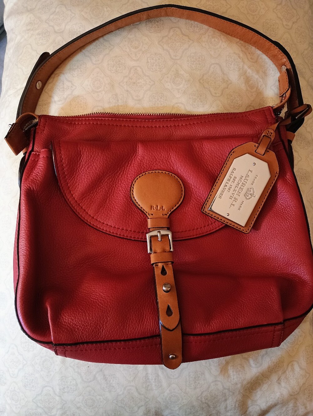 Lauren Ralph Lauren Red Pebbled Leather Hobo Shoulder Bag — Flawless
